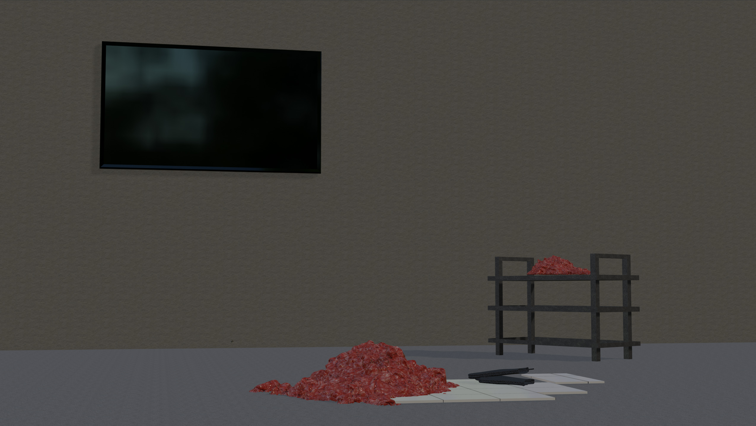 a tv screen on the wall, a metal tray and white tiles with a pile of eat and a pair of gloves on them;